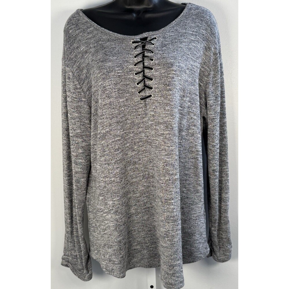 Democracy XL Gray Lace Up Neck Long Sleeve Knit Top Soft Stretch